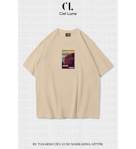 Unisex Kadın Erkek Rome İtaly  Baskılı Özel Tasarım Oversize T-shirt (Bej)