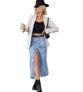 PASS&PASS 2102-ETK Kadın Likralı Önden Düğmeli Jeans Kot Denim Uzun Etek