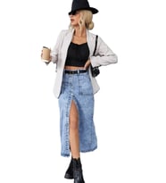 PASS&PASS 2102-ETK Kadın Likralı Önden Düğmeli Jeans Kot Denim Uzun Etek (Kar Beyaz)