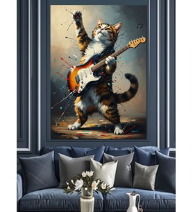 Gitar Çalan Rockçı Tekir Kedi Dekoratif Kanvas - Mdf Ahşap Tablo