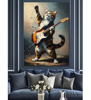 Gitar Çalan Rockçı Tekir Kedi Dekoratif Kanvas - Mdf Ahşap Tablo