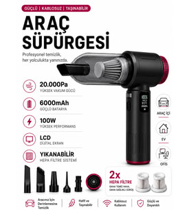20000Pa 6000mAh 100W LCD Ekranlı LED Işıklı Kablosuz Araç İçi Süpürge 2x HEPA Filtreli Mini El Süpürgesi