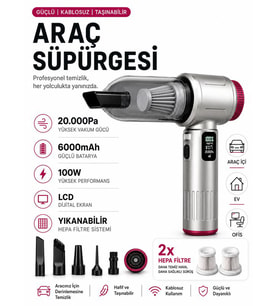 20000Pa 6000mAh 100W LCD Ekranlı LED Işıklı Kablosuz Araç İçi Süpürge 2x HEPA Filtreli Mini El Süpürgesi