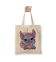 Maneki Stitch Beyaz Bez Çanta Uzun Saplı Alışveriş Çantası Plaj Çantası