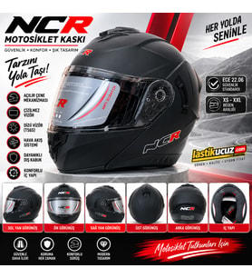 NCR-166E ÇENE AÇILIR GÖZLÜKLÜ ECE 22-06 BELGELİ KASK MAT SİYAH