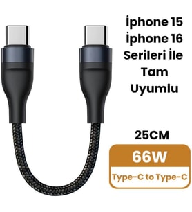 Lexroo Super Şarj 5A 66W Type-C Şarj Kablosu Kısa Type-C Powerbank Şarj Kablosu Örgü Kopmaz Kablo