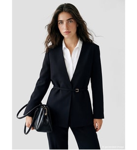 LCW Modest Siyah V Yaka Kemerli Kadın Blazer Ceket