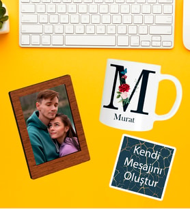 Kişiye Özel Baş Harf İsim Soyisim Beyaz Kupa  Fotoğraflı Çerçeve Ve Kendi Mesajını Oluştur Kart Seti