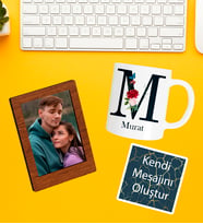 Kişiye Özel Baş Harf İsim Soyisim Beyaz Kupa  Fotoğraflı Çerçeve Ve Kendi Mesajını Oluştur Kart Seti