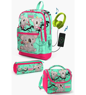 Coral High Kids Su Yeşili Neon Mercan Koala Desenli USB'li 3’lü Okul Çanta Seti - Kız Çocuk