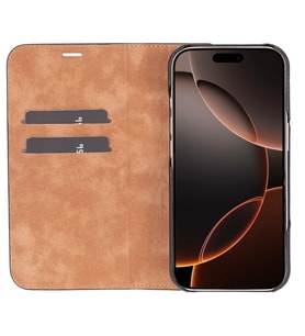 Apple iPhone 16 Pro uyumlu, Hakiki Deri, El Yapımı, Cüzdanlı Kılıf, Parlak Siyah