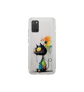 Samsung Galaxy A02s ile Uyumlu Splash Kedi Tasarımlı Şeffaf Silikon Kılıf