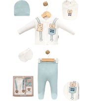 Premium Yenidoğan 5’li Zıbın Takım Cute Bear Nakışlı Pamuklu Hediyelik (Turkuaz)
