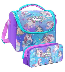 Coral High Mor Pembe Unicorn Desenli Kız Çocuk Isı Yalıtımlı Beslenme Çantası ve Kalemlik Seti