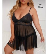 Intive Curvy Büyük Beden Yakası Dantelli Transparan Gecelik (Kırmızı/Siyah)