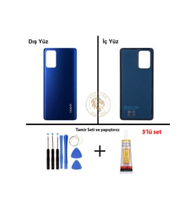 Oppo A74 Mavi Uyumlu Arka Kapak + Yapıştırıcı ve Vida Seti Arka Cam Batarya Pil Kapağı Lazer Kesim