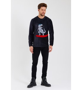 Süzene Nakış Baskılı Kadife Uzun Kol Erkek Sweatshirt (Siyah)