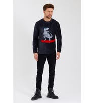 Süzene Nakış Baskılı Kadife Uzun Kol Erkek Sweatshirt (Siyah)