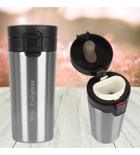 KİŞİYE ÖZEL İSİM BASKILI KAPAK KİLİDİ VE TUŞ MEKANİZMALI KAYDRIMAZ TABANLI TERMOS 380 ML