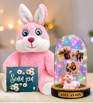 Kişiye Özel 3 Fotoğraflı Renkli LED Işıklı Fanus(unicornlu) ve Sevimli Peluş Tavşan Sevgiliye Hediye Kadına Hediye