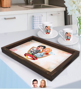 BK Gift Kişiye Özel İsimli Evleniyoruz Karikatürlü Doğal Ahşap Tepsi ve 2’li Kahve Fincan Seti-3