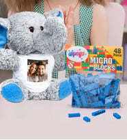 Kişiye Özel Peluş Mavi Fİl Ve Renkli Micro Blocks Lego (Mavi)