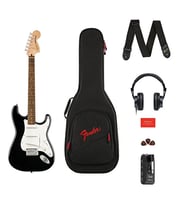 Squier 0372873106 Affinity Stratocaster Elektro Gitar Seti (Siyah) Mustang Micro Kulaklık Amfisi Dahil Siyah Strat ve Laurel Klavye