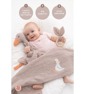 Müslin Bebek Seti 3 Parça (%100 Pamuk Battaniye, Uyku Arkadaşı & Diş Kaşıyı
