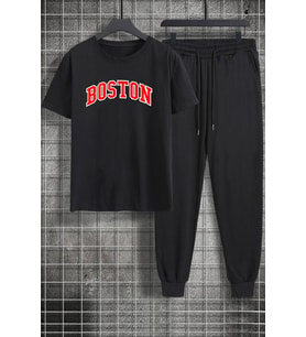Unisex Boston Baskılı 2'li Eşofman Takımı (Siyah)