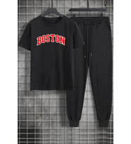 Unisex Boston Baskılı 2'li Eşofman Takımı (Siyah)