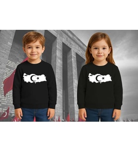 Unisex Ay Yıldızlı 19 Mayıs 29 Ekim 23 Nisan 10 Kasım Atatürk Çocuk 3 İplik Şardonlu Sweatshirt (Siyah)