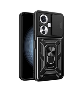 Oppo Reno 11F 5G Uyumlu Kılıf Magnetik Standlı Kamera Korumalı Zore Sürgülü Vega Kapak (Siyah)