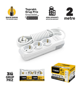 Sgs3475 Grup Priz Topraklı Üçlü 2 Metre, Üçyol, Uzatma Kablosu