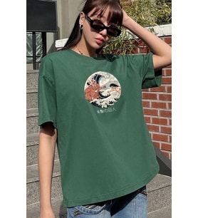 Unisex Kanagawa Oki Nami Ura Baskılı T-shirt (Yeşil)
