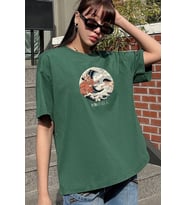 Unisex Kanagawa Oki Nami Ura Baskılı T-shirt (Yeşil)
