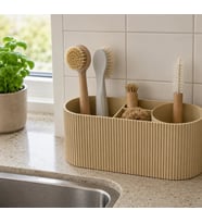 3D Baskı Yivli Oval Masaüstü Düzenleyici Bölmeli Bulaşık Fırçası Sünger Standı Süzdürmeli Lavabo Bej