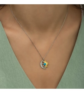 Opal Mavi Taşlı Ay Ve Güneş Kolye-925 Ayar Gümüş