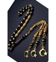 24k Altın Kaplama Gümüş Aksesuarlı 7x11mm Sarmal Kuka Tesbih (Siyah)