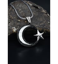 Ay Yıldızlı (AYYILDIZLI) Siyah Zirkon Taş Süslemeli 925 Ayar Gümüş Kolye Zincir 901111