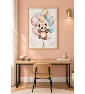 Balonlu Panda Pastel Süzülüş Ahşap Çerçeveli Duvar Tablosu