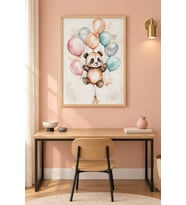 Balonlu Panda Pastel Süzülüş Ahşap Çerçeveli Duvar Tablosu