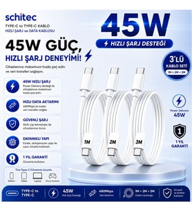 Winex 3A 45W Type-C to Type-C Data ve Hızlı Şarj Kablosu 3’lü Paket 1, 2, 3 Metre Beyaz SX26P