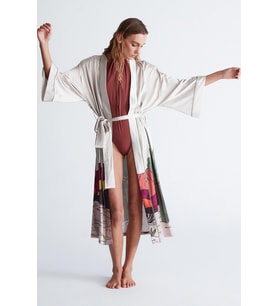 Peraluna CACTUS KİMONO 122 CM Kaktus Desen Midi Boy Kemerli Saten Kadın Kimono - Taş