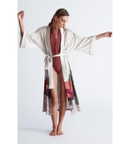 Peraluna CACTUS KİMONO 122 CM Kaktus Desen Midi Boy Kemerli Saten Kadın Kimono - Taş