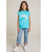 Kız Çocuk üzeri MG Yazı ve Yaprak Detaylı Kapüşonlu Kolsuz Turkuaz Sweatshirt