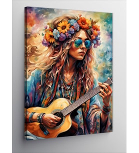 Kanvas Tablo Akustik Gitar Çalan Kadın
