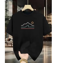 Unisex Güneşli Dağ Tasarım Basklı Tshirt (Siyah)