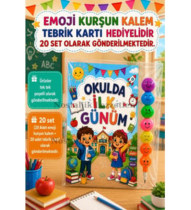 20 Adet Okulda İlk Günüm Yazılı Hediye Seti 1. Sınıf- Sene Başı Emoji Kurşun Kalem Tebrik Kartı Hediyeli