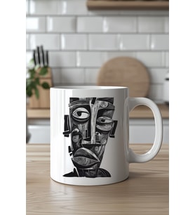 Estetik Kübist Sanat Desenli 330ml Baskılı Beyaz Seramik Kupa Bardak