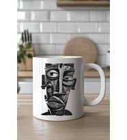 Estetik Kübist Sanat Desenli 330ml Baskılı Beyaz Seramik Kupa Bardak
